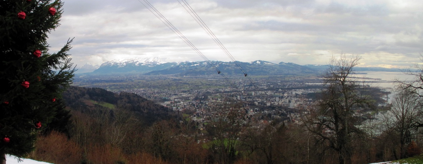Der Blick von der Halbstation am Pfänder auf Bregenz und den Bodensee.